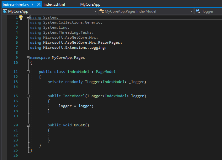 Screenshot mostra il file index dot c s h t m l dot c s aperto nell'editor di Visual Studio Code.