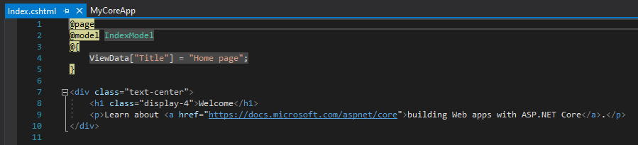 Screenshot mostra il file Index dot c s h t m l aperto nell'editor di Visual Studio Code.