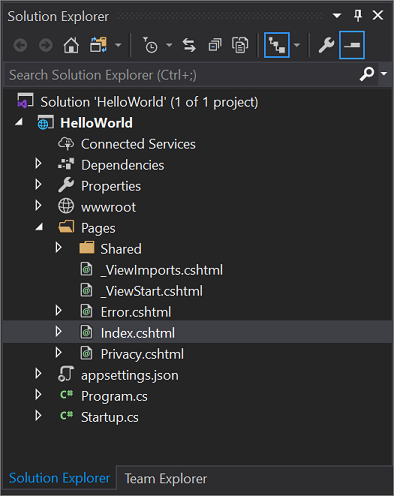 Screenshot che mostra l'opzione Index dot c s h t l selezionata nel nodo Pages in Esplora soluzioni.