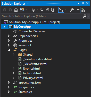 Screenshot mostra il contenuto della cartella Pages in l'Esplora Soluzioni di Visual Studio.