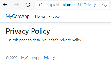 Screenshot mostra la pagina Privacy MyCoreApp con il testo seguente: Utilizzare questa pagina per dettagliare l'informativa sulla privacy del sito.