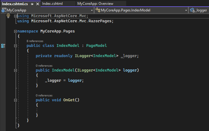 Screenshot mostra il file Index.cshtml.cs aperto nell'editor di Visual Studio Code.