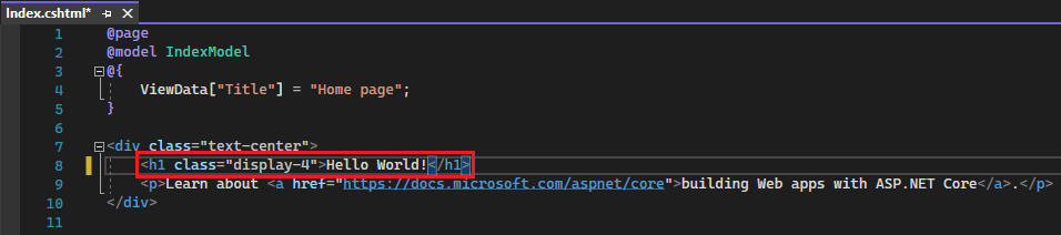 Screenshot mostra il file Index.cshtml nell'editor di Visual Studio Code con il testo 'Welcome' modificato in 'Hello World!'.