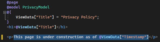 Screenshot mostra il file Privacy.cshtml aperto nell'editor di Visual Studio Code con il testo aggiornato.