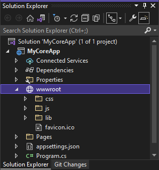 Screenshot mostra la cartella w w w radice selezionata in Esplora soluzioni in Visual Studio.