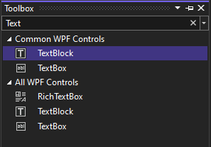 Screenshot della finestra Strumenti con il controllo TextBlock selezionato nell'elenco dei controlli comuni di WPF.