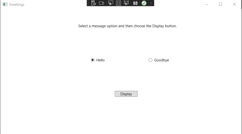 Screenshot della finestra Greetings con i controlli TextBlock, RadioButtons e Button visibili e 'Hello' selezionati.