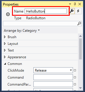 Screenshot della finestra Proprietà per un controllo RadioButton con il valore della proprietà Name modificato in HelloButton.