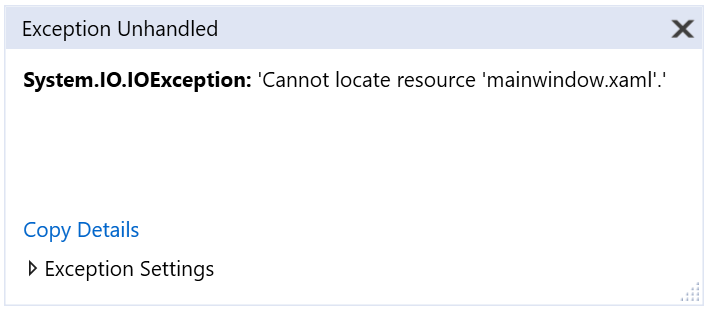 Screenshot della finestra di Output che mostra un'eccezione System.IO.IOException con il messaggio: impossibile individuare la risorsa mainwindow.xaml.