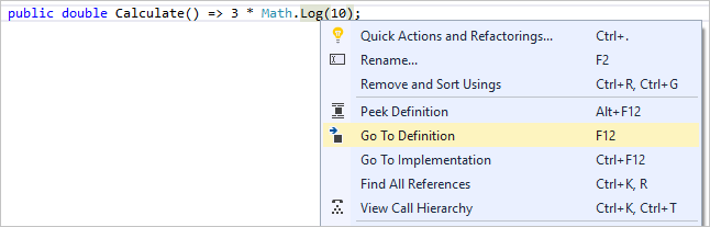 Screenshot che mostra la voce di menu Vai a definizione.