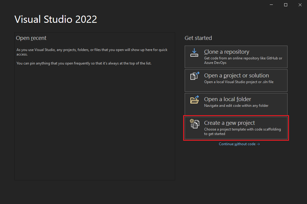 Screenshot del menu Start di Visual Studio con l'opzione Crea un nuovo progetto selezionata.