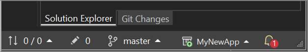 Screenshot della barra di stato del repository sotto il riquadro Esplora soluzioni in Visual Studio.