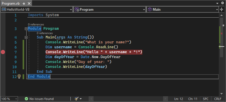 Screenshot che mostra un punto di interruzione in una riga di codice in Visual Studio.