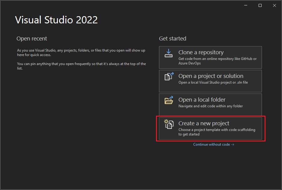 Screenshot che mostra la finestra iniziale di Visual Studio con l'opzione 