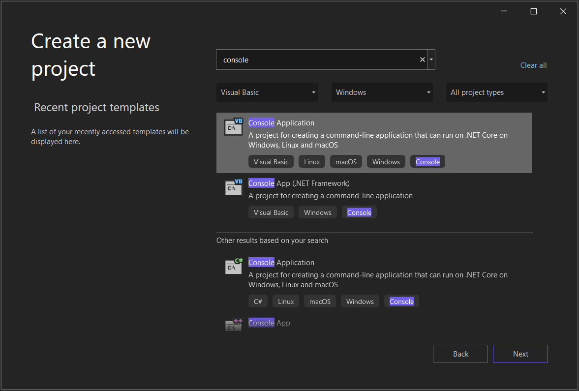 Screenshot showing the Create a new project window with 'console' in the search box, and 'Visual Basic' and 'Windows' selected for the Language and Platform filters. The Console Application project template is selected.