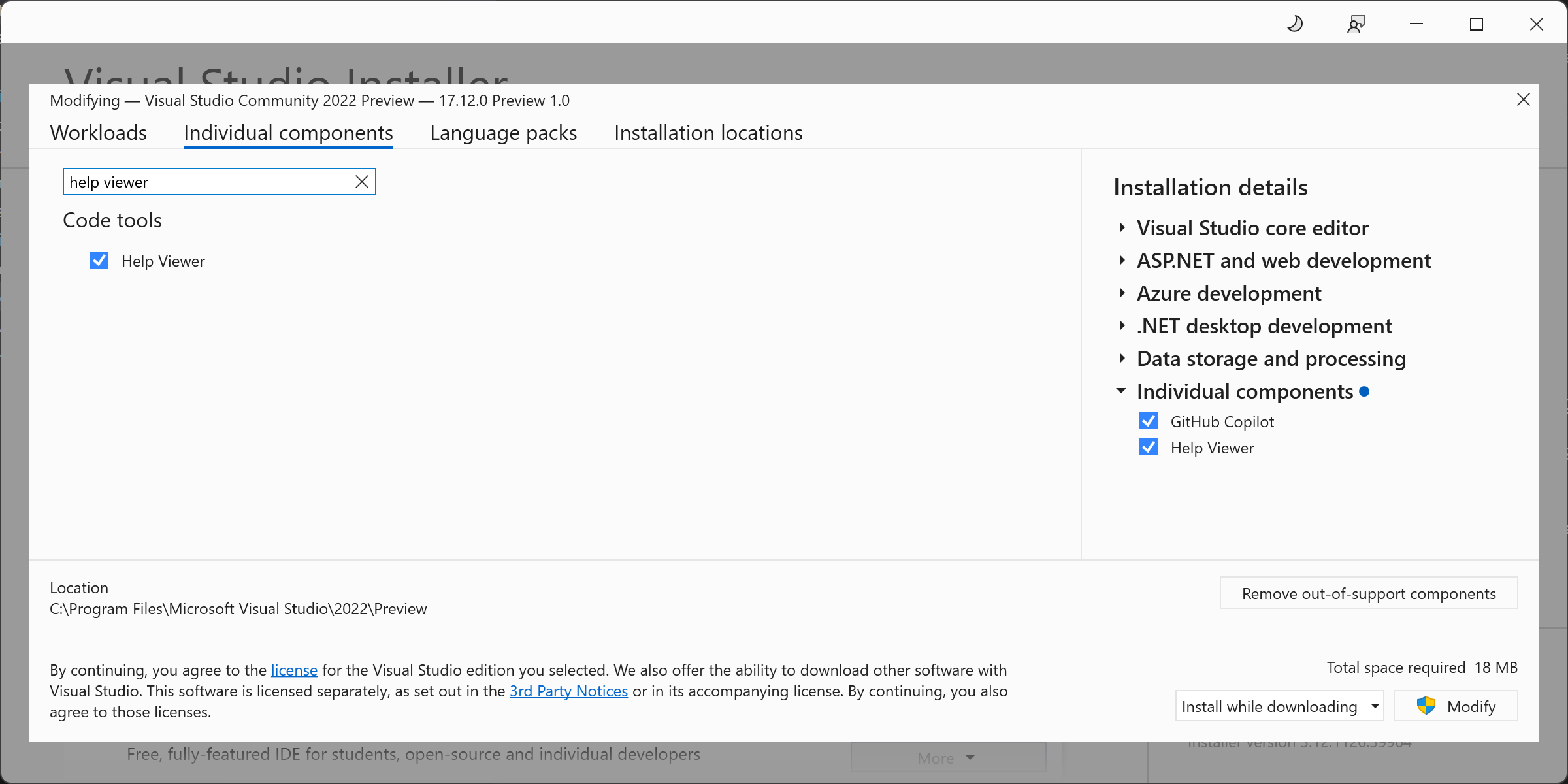 Componente Help Viewer del programma di installazione di Visual Studio