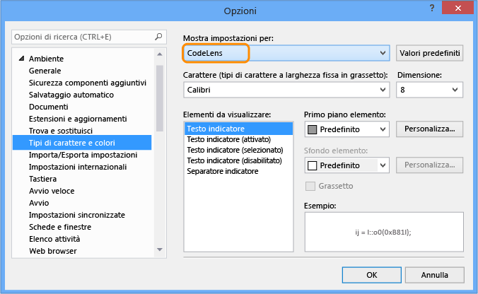 CodeLens - Modificare le impostazioni di colore e tipo di carattere