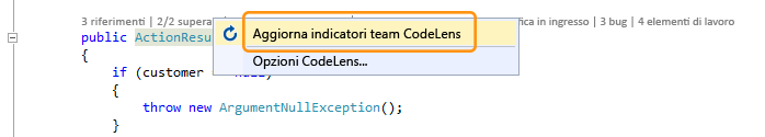 Voce di menu Aggiorna indicatori team CodeLens