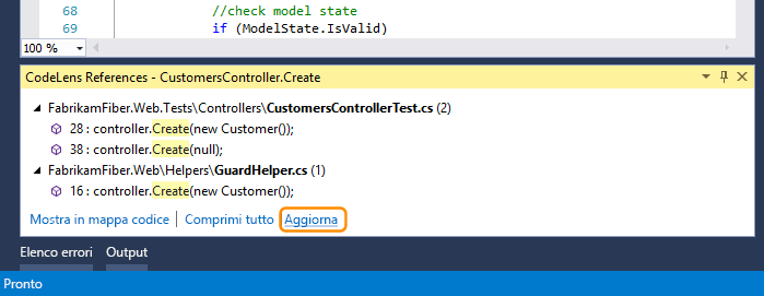Pulsante Aggiorna nei riferimenti CodeLens