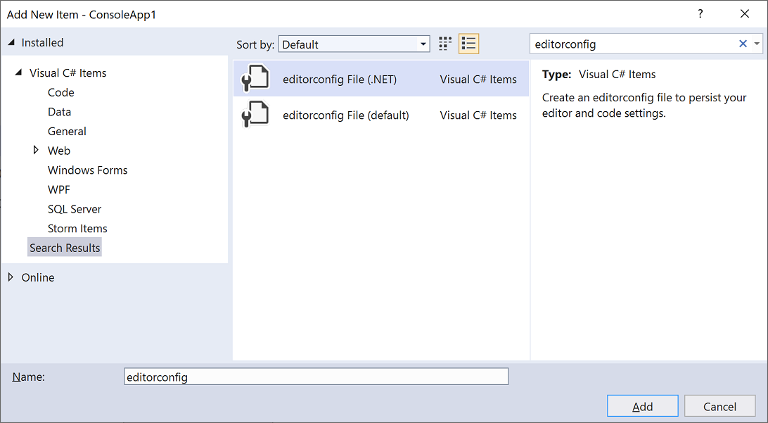 Screenshot dei modelli di elemento EditorConfig in Visual Studio.