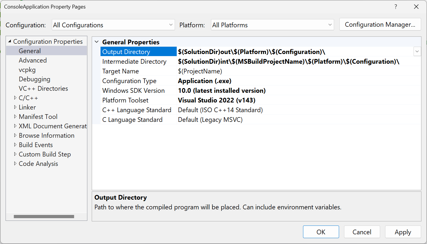 Screenshot che mostra la proprietà Percorso di output per un progetto C++.