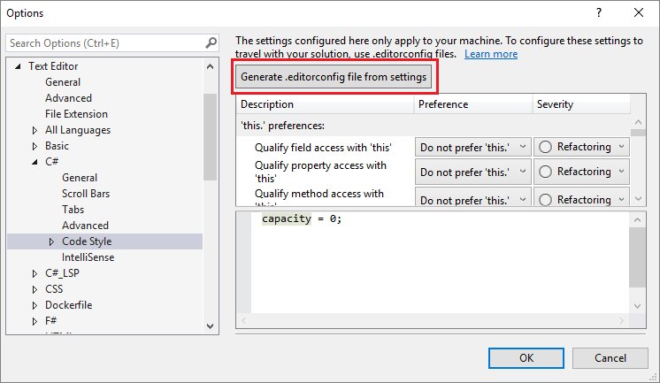 Screenshot che mostra come generare un file .editorconfig dalle impostazioni di Visual Studio.