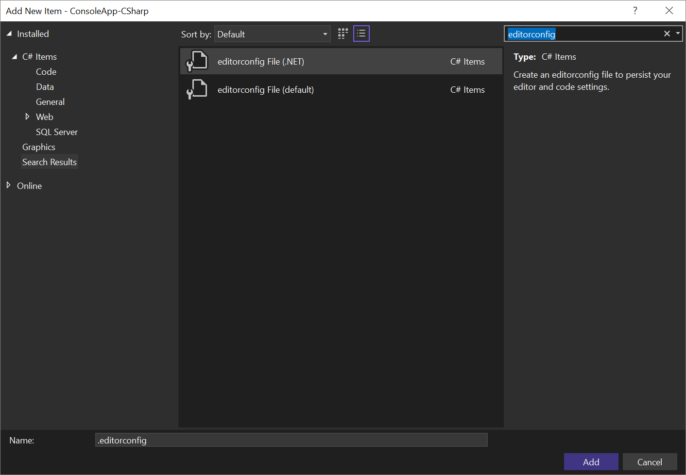 Screenshot dei modelli di file EditorConfig per C# in Visual Studio.