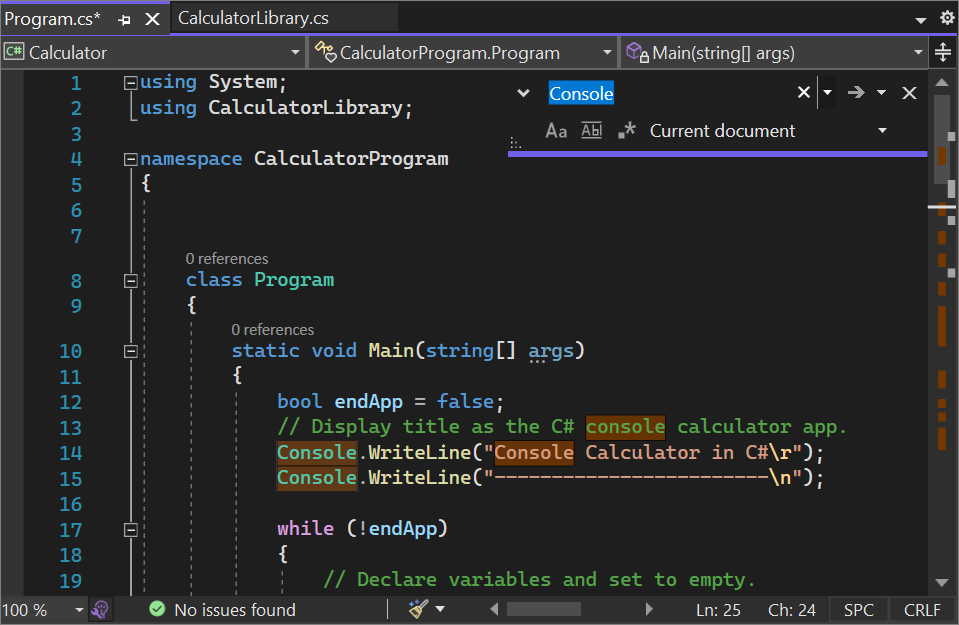 Screenshot della finestra di dialogo Trova e sostituisci nell'editor in Visual Studio 2022.