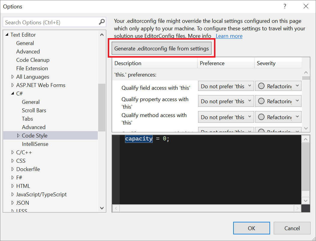 Screenshot che mostra come generare un file di tipo editorconfig dalle impostazioni in Visual Studio.