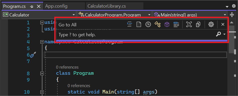 Screenshot della finestra Vai a Tutti in Visual Studio.