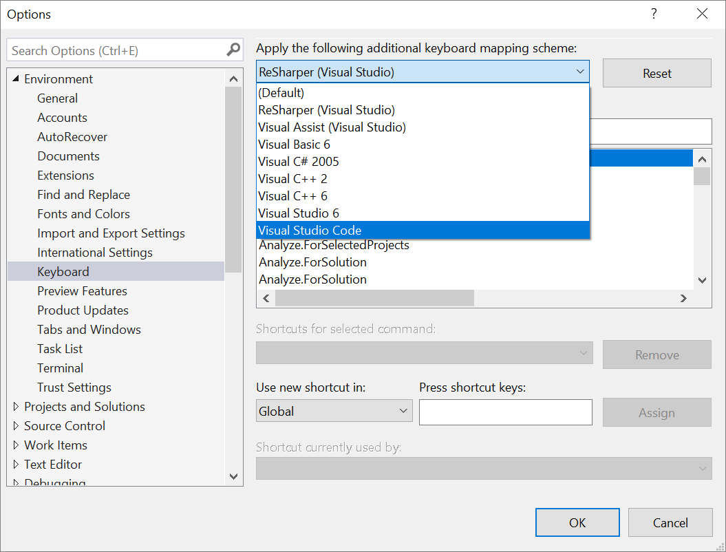 Screenshot degli schemi di tastiera in Visual Studio 2022.