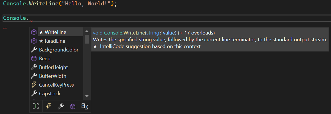 Screenshot della funzionalità Elenca membri di IntelliSense.