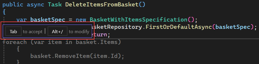 Screenshot che mostra l'accettazione dei suggerimenti per il codice Di GitHub Copilot in Visual Studio