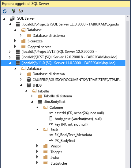 Screenshot che mostra la finestra Esplora oggetti di SQL Server.