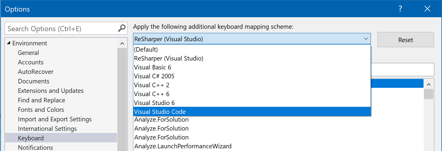 Schemi di tastiera in Visual Studio