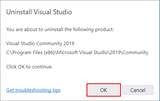 Screenshot che mostra una finestra di dialogo per confermare che si vuole disinstallare Visual Studio 2019.