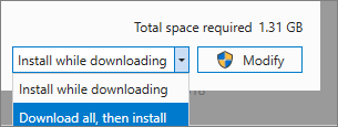 Screenshot delle opzioni di download e installazione nella Programma di installazione di Visual Studio.