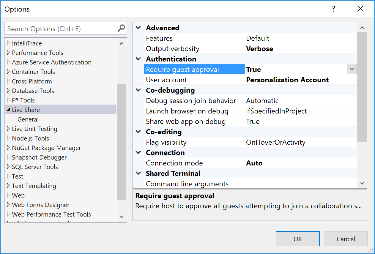 Finestra delle impostazioni di Visual Studio con l'impostazione approvazione guest evidenziata