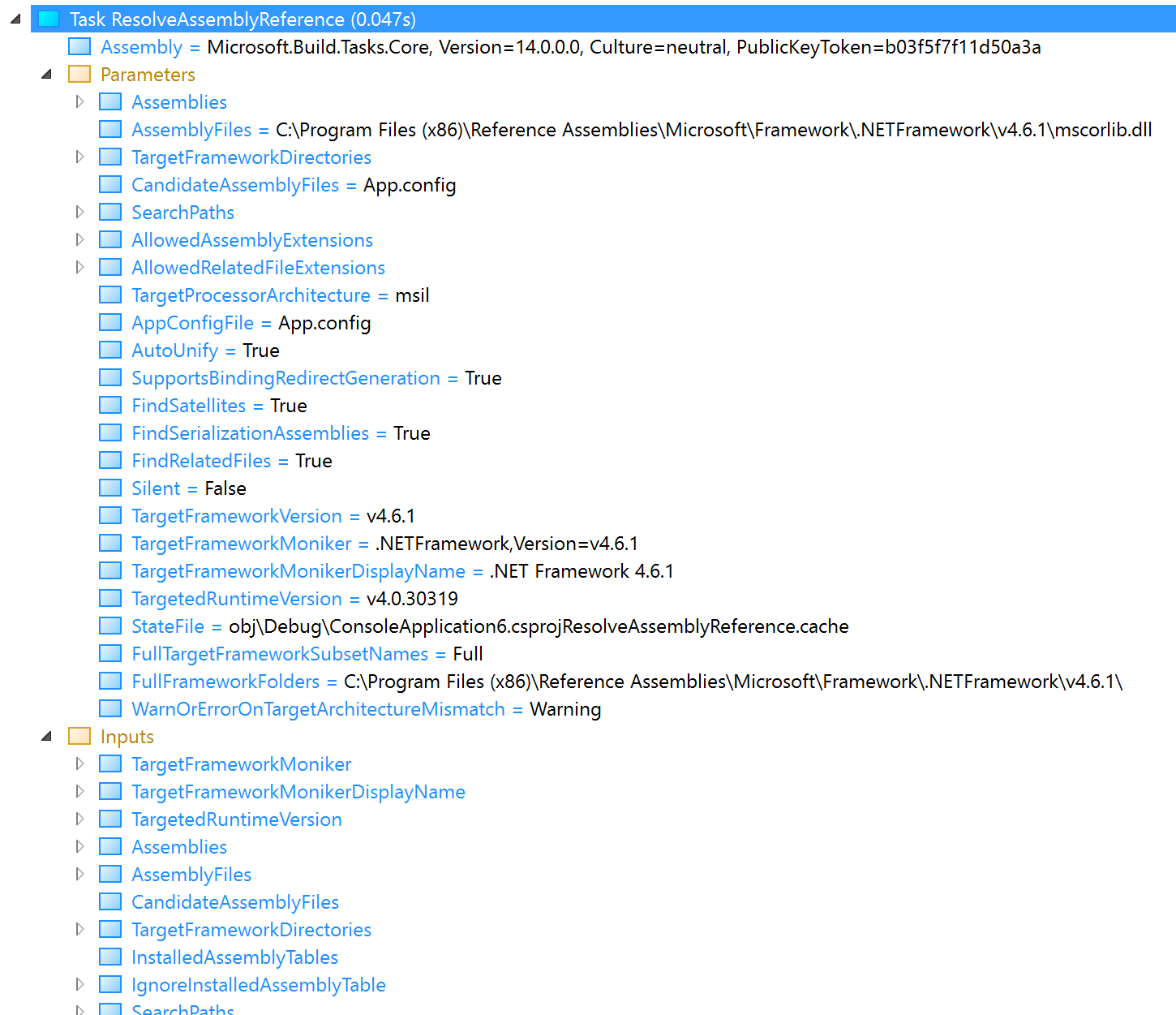 Screenshot che mostra i parametri di input per l'attività ResolveAssemblyReference.