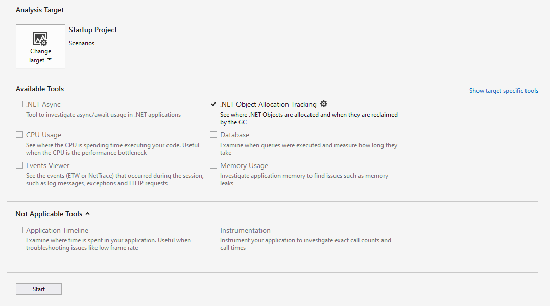 Screenshot dello strumento Dotnet Object Allocation Tracking selezionato.