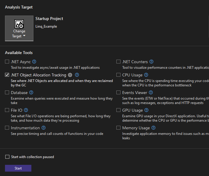 Screenshot dello strumento Dotnet Object Allocation Tracking selezionato.