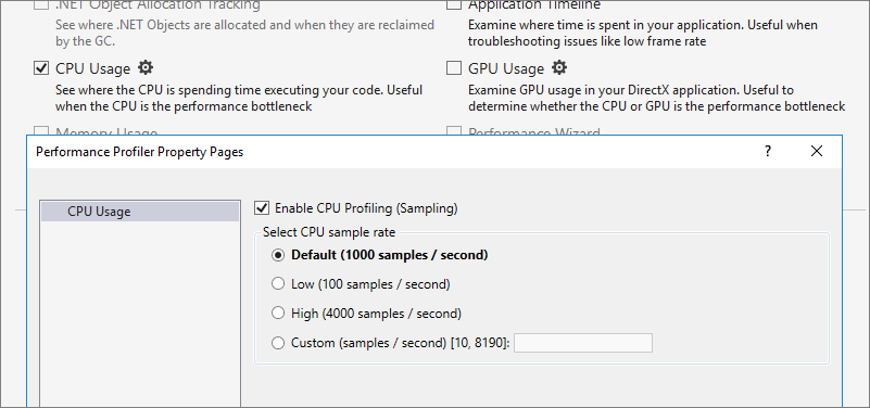 Pagina delle impostazioni dello strumento utilizzo CPU