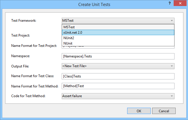 Selezionare un altro framework di unit test installato