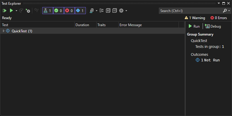 Lo Screenshot mostra Esplora Test prima di eseguire i test in Visual Studio 2022.