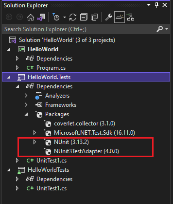 NUnit NuGet dependencies in Solution Explorer