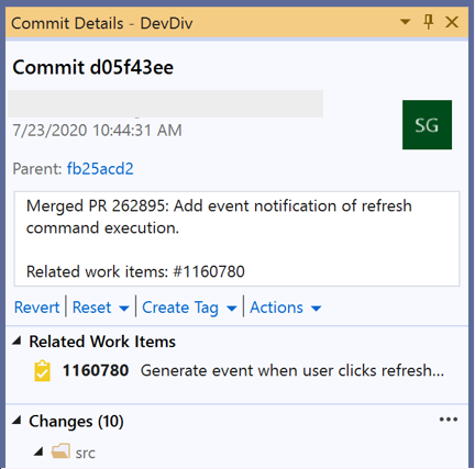 Finestra di dialogo Dettagli commit in Visual Studio 