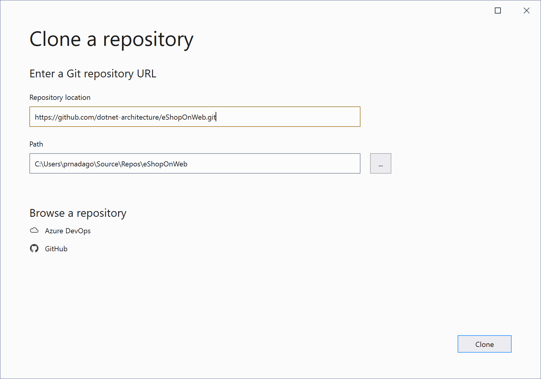 Finestra di dialogo Clona un repository Git in Visual Studio.