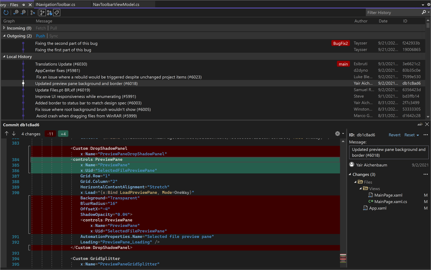 Finestra di dialogo Dettagli commit in Visual Studio 2022.