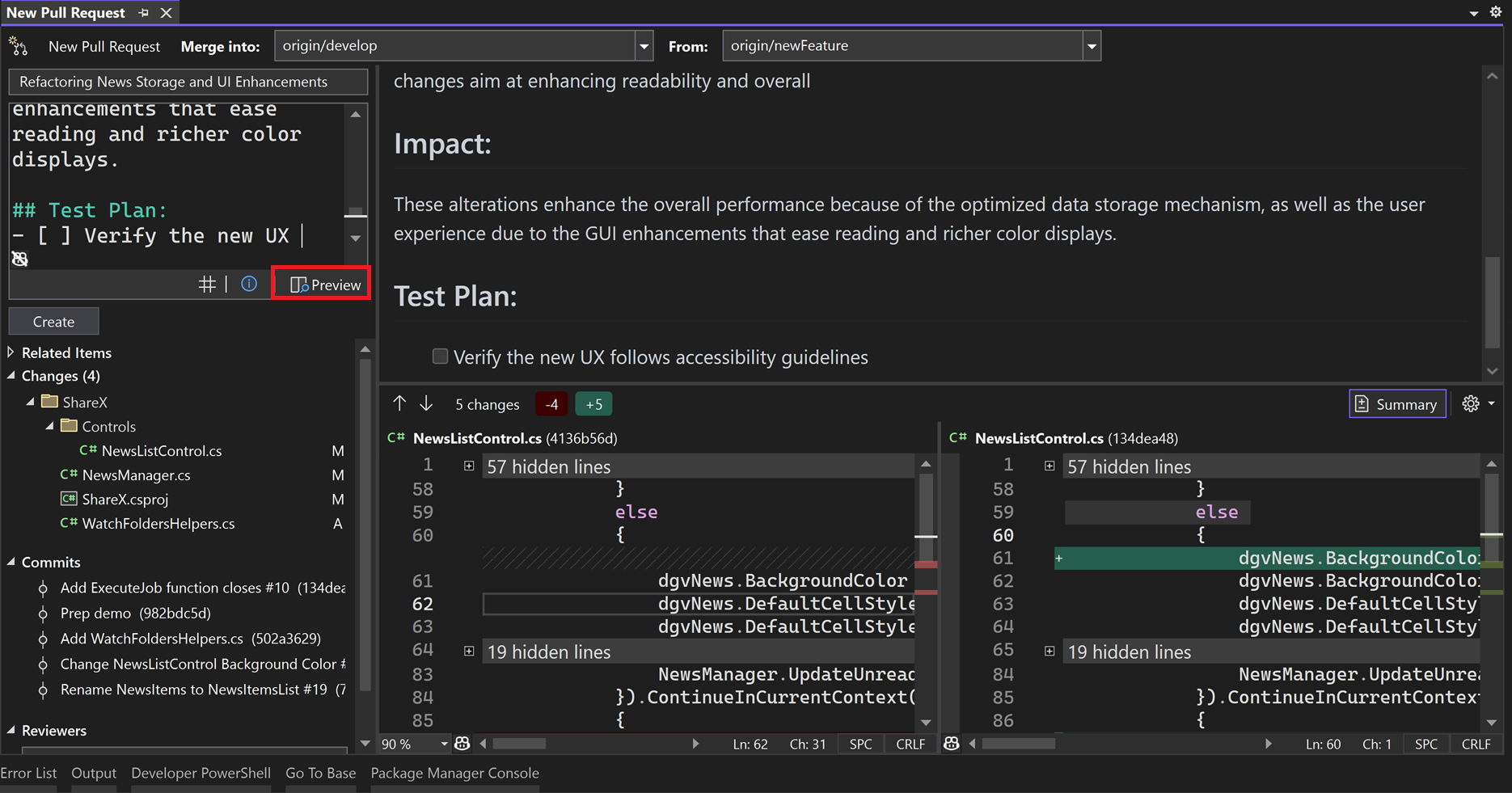 Finestra Nuova richiesta pull con il testo del pulsante di anteprima evidenziato in Visual Studio 2022.