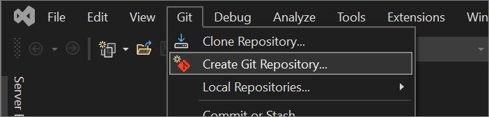 Screenshot dell'opzione Crea repository Git dal menu Git in Visual Studio.